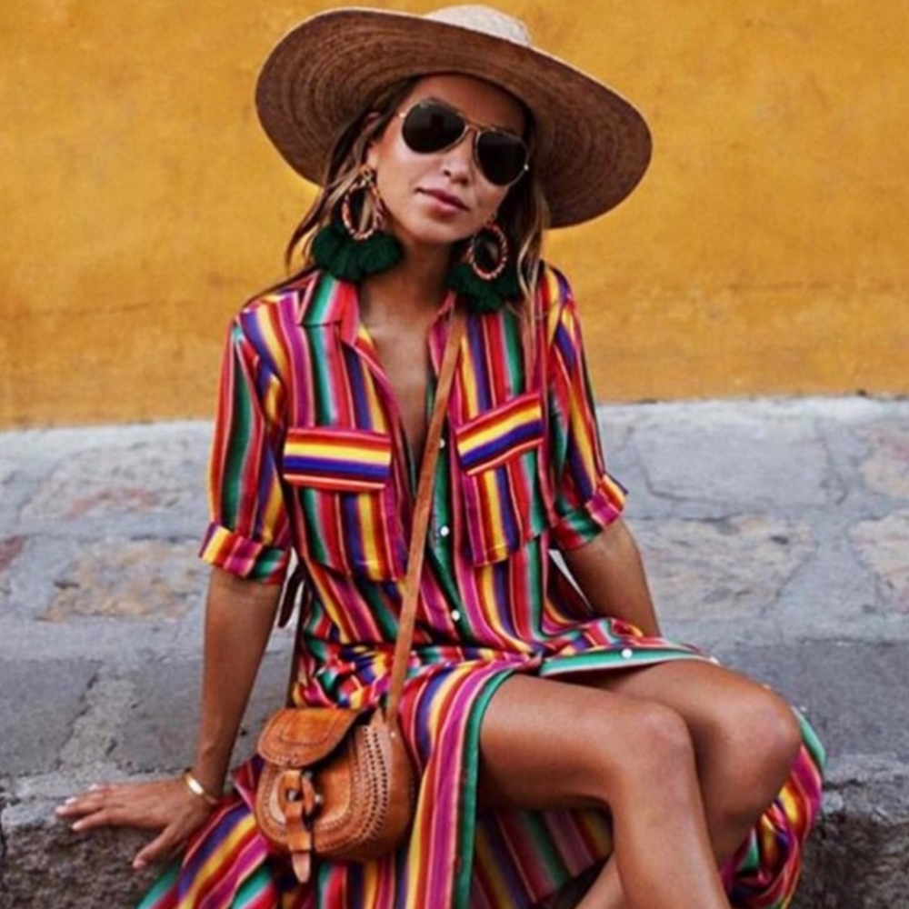 All Things Mochi Rainbow Stripe Leilani Maxi Button Up Shirt Dress